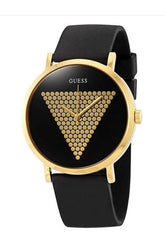 GUESS Iconic Studded Men’s Watch – Black Silicone Strap, Gold-Tone Logo Dial