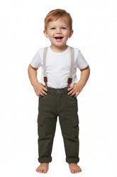 TRENDY STYLISH KHAKI DENIM PANT WITH STRIPED SUSPENDERS ISOLATED