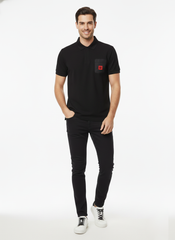 HUGO BOSS PREMIUM POLO SHIRT - BLACK LEATHER LOGO PATCH | BLACK