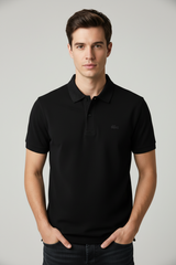 LACOSTE CLASSIC POLO SHIRT WITH STRIPED COLLAR & EMBROIDERED LOGO | BLACK