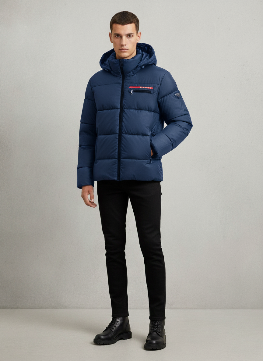 Prada navy luxury puffer jacket with leather detailing - Handpicked Pakistan