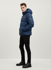 PRADA LUXURY PUFFER JACKET WITH PREMIUM LEATHER DETAILING | NAVY