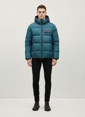 Prada verde petrolio puffer jacket with premium leather detailing - Handpicked Pakistan