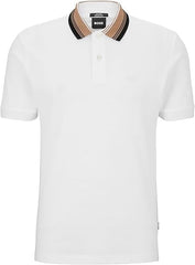 HUGO BOSS – COTTON PIQUÉ REGULAR-FIT POLO SHIRT WITH STRIPED COLLAR | WHITE