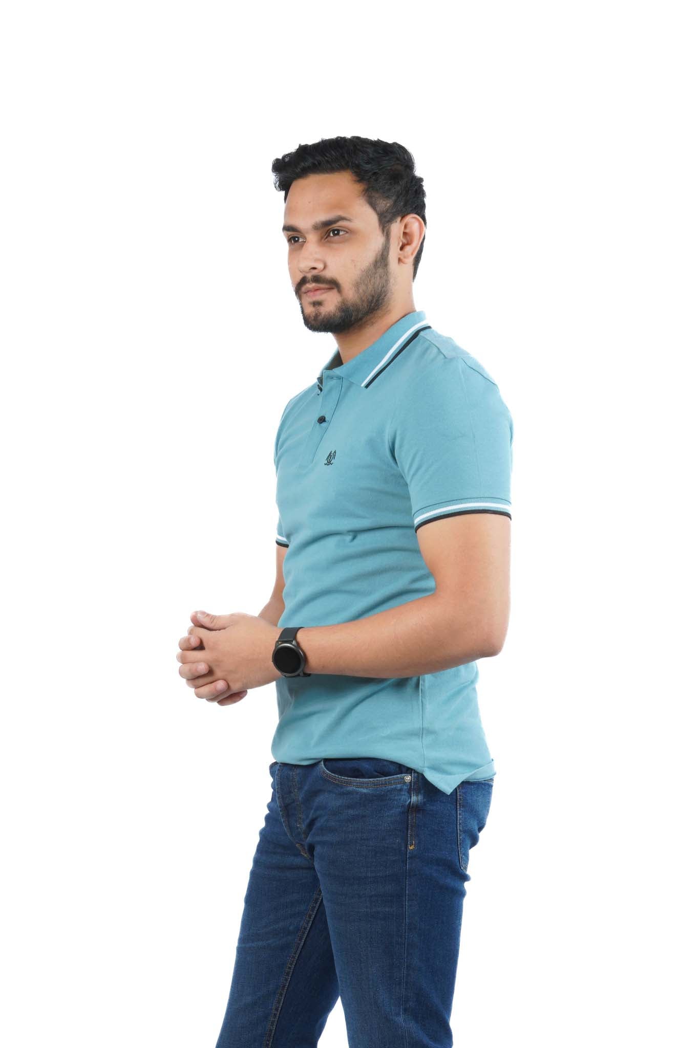 H&M MENS TIPPED POLO SHIRT WITH LOGO | SEA GREEN
