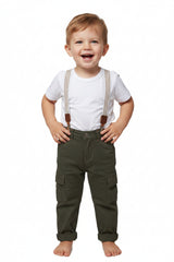 TRENDY STYLISH KHAKI DENIM PANT WITH STRIPED SUSPENDERS ISOLATED