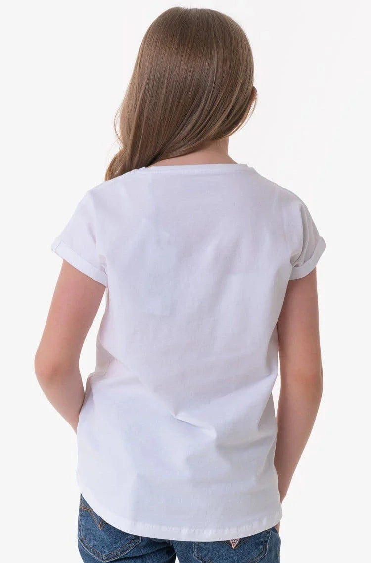 White Guess Kids T-Shirt – Soft cotton short-sleeve tee for boys & girls. Trendy, comfortable, and perfect for everyday wear. Shop premium kids' t-shirts now!