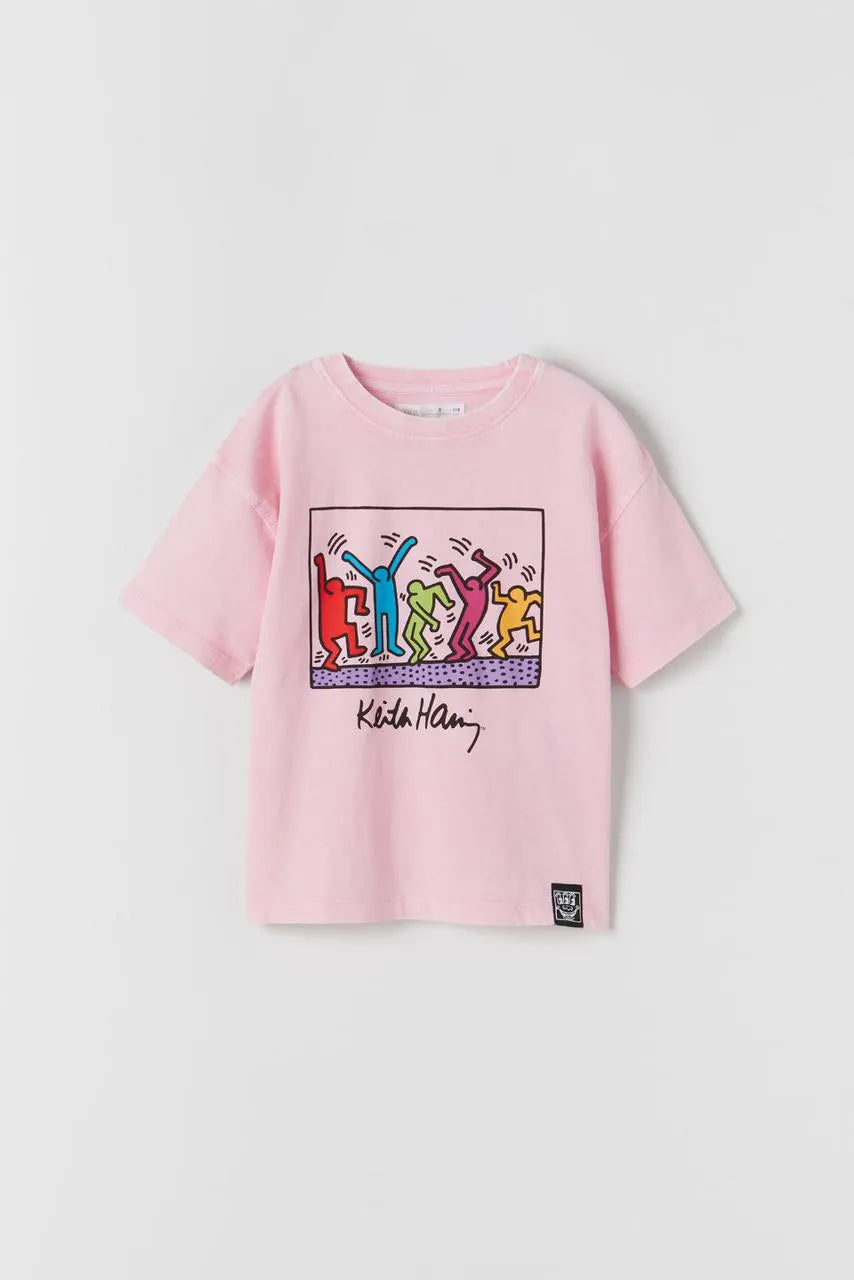 Zara Keith Haring Acid Wash T-Shirt in Pink – Trendy, soft cotton tee for boys & girls. Stylish and comfortable for everyday wear. Shop kids' t-shirts now!