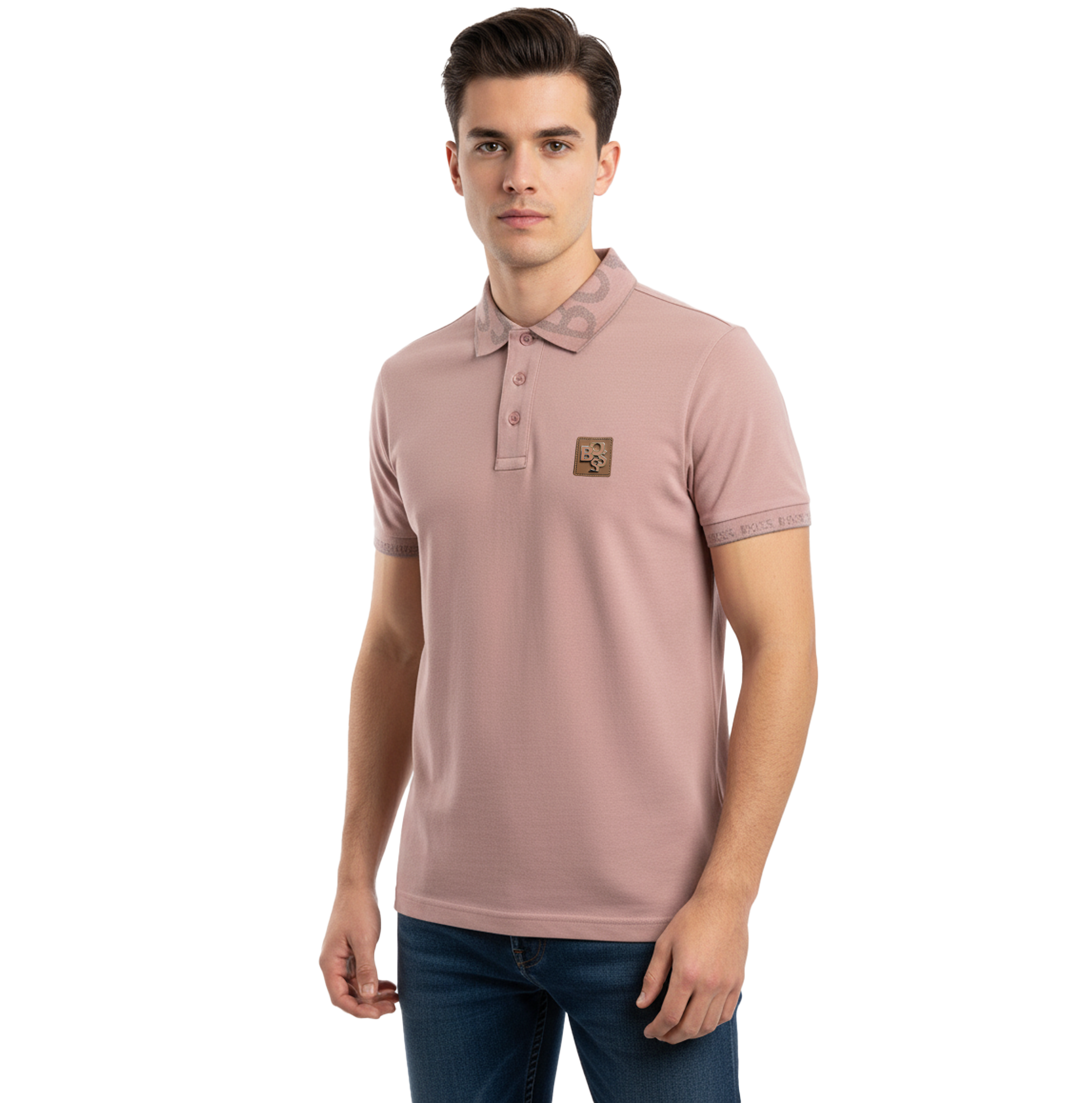 HUGO BOSS METALLIC PATCH LOGO AND SIGNATURE PRINT | LIGHT PEACH