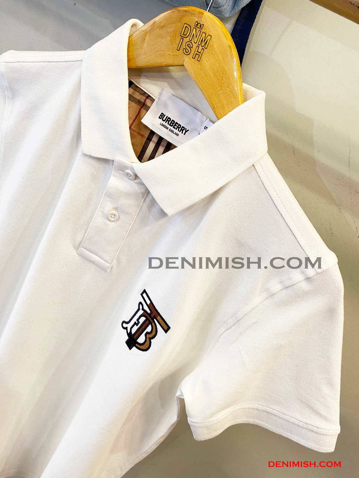 BURBERRY EKD-EMBROIDERED COTTON-BLEND POLO SHIRT | WHITE