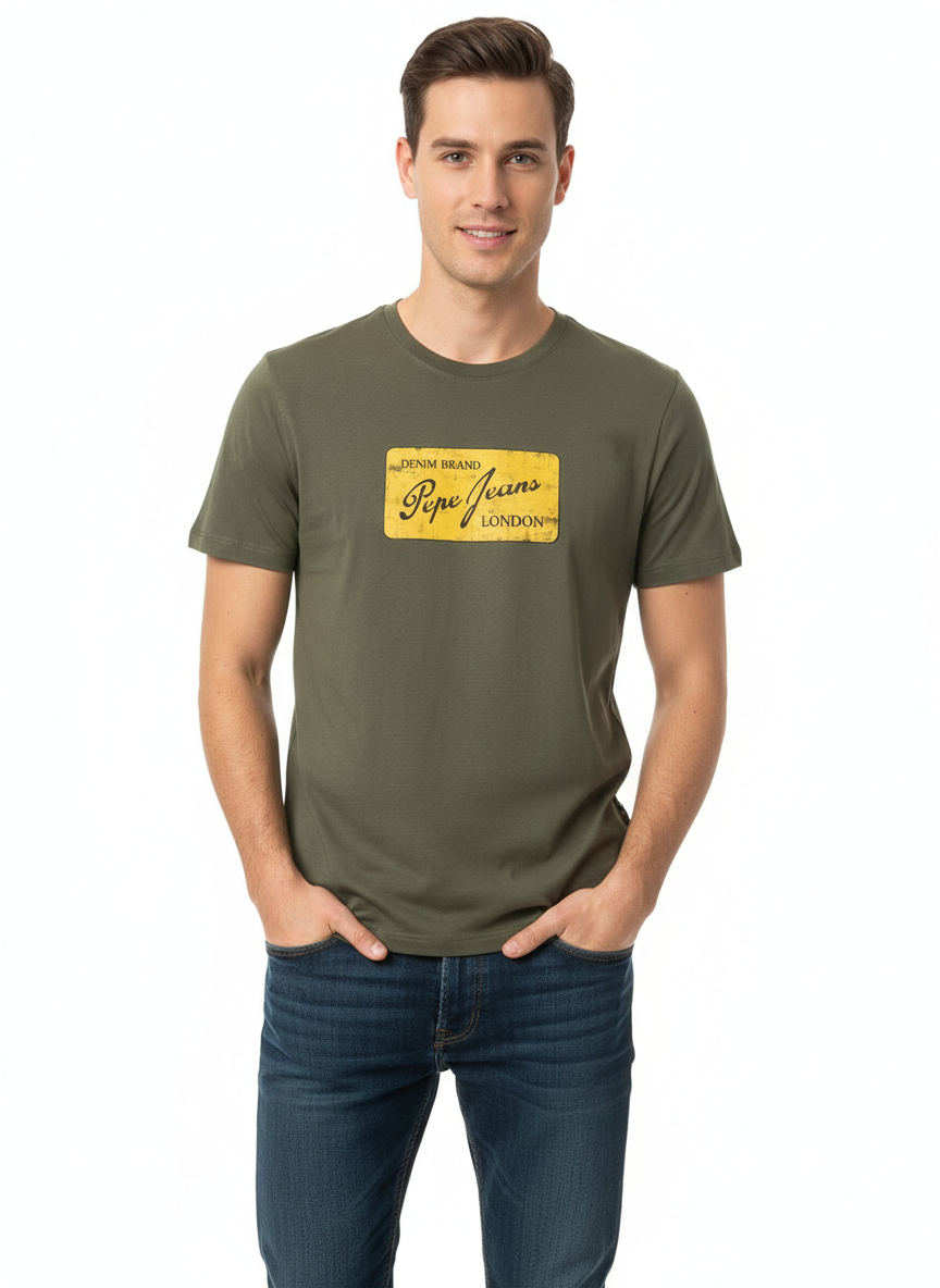 PEPE JEANS COTTON T-SHIRT WITH PRINTED LOGO | OLIVE GREEN